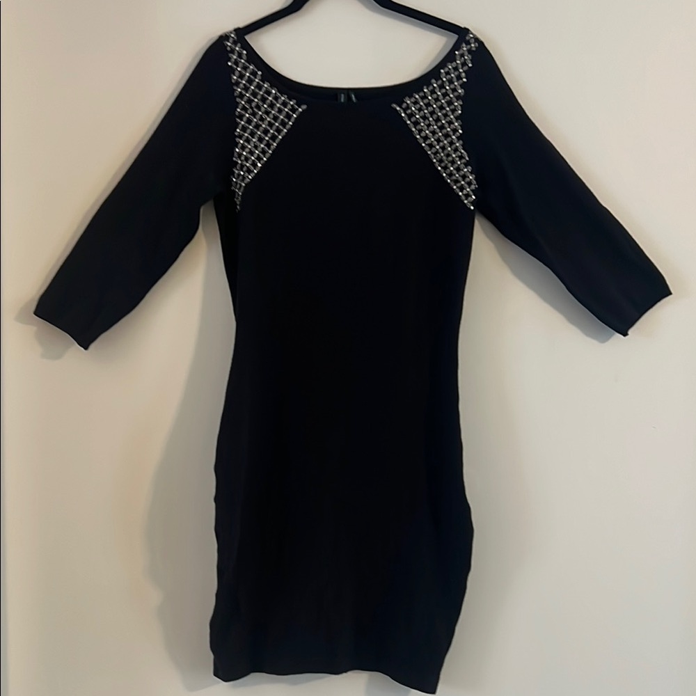 Guess by Marciano Black Sweater Dress Patterned Rhinestones Shoulders Size M